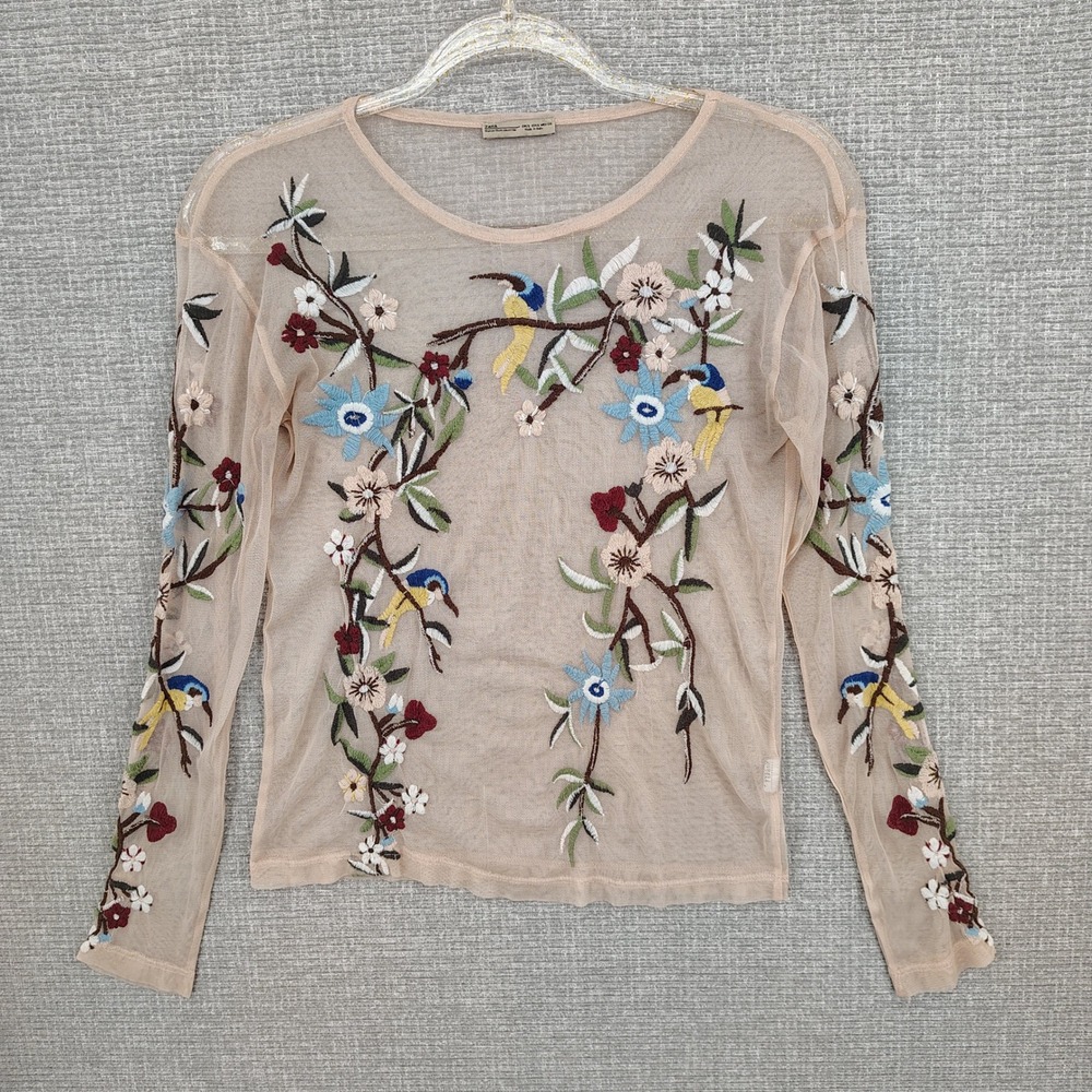 Zara Embroidered Sheer Mesh Bird Floral Top Womens Size S Fairy Boho Cottage